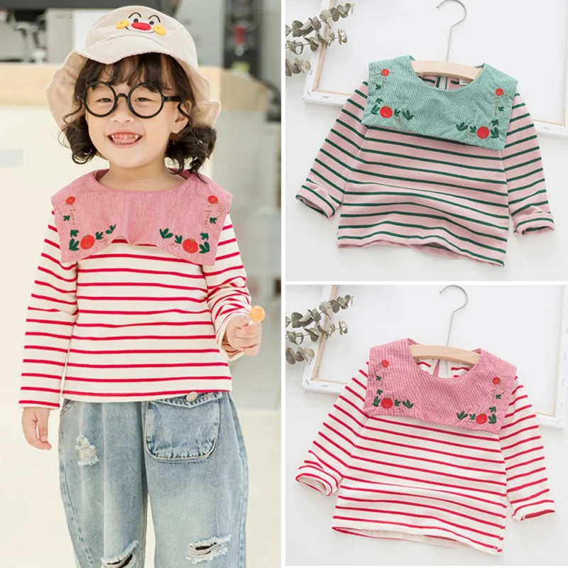 Spring Autumn Baby Girl T-Shirt 2Y-7Y Casual Fashion Long Sleeve Embroidery Striped T-Shirt Kids Blouse 2 Colors Girl Clothing