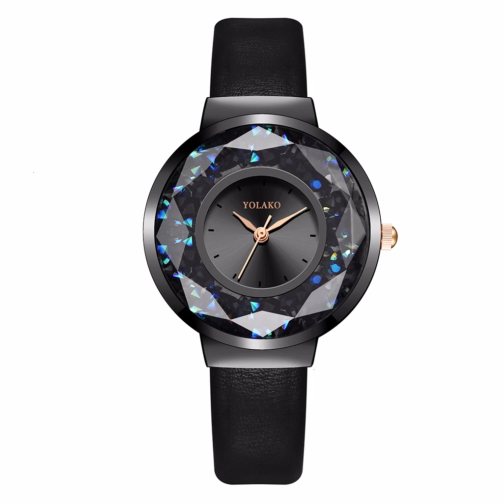 YOLAKO Брендовые женские кожаные подвижные алмазные часы Роскошные женские кварцевые часы со стразами часы Reloj Mujer Relogio Feminino - Color: black black