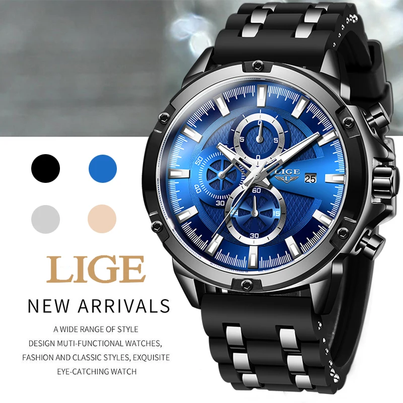 

Top Luxury Brand LIGE Chronograph Mens Watches Hot New Fashion Military Sports Waterproof Silicagel Wristwatch Relogio Masculino
