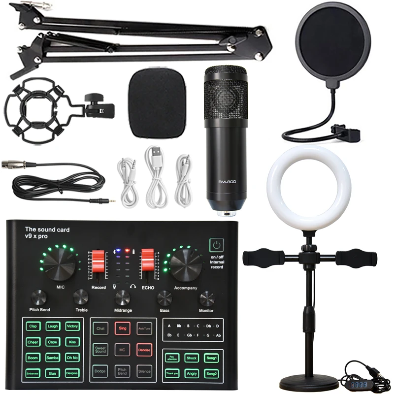 BM 800 Condenser Microphone Sound Card V9XPRO with Ring Fill Light Cantilever Bracket Bluetooth Wireless Live Streaming Kit MIC 