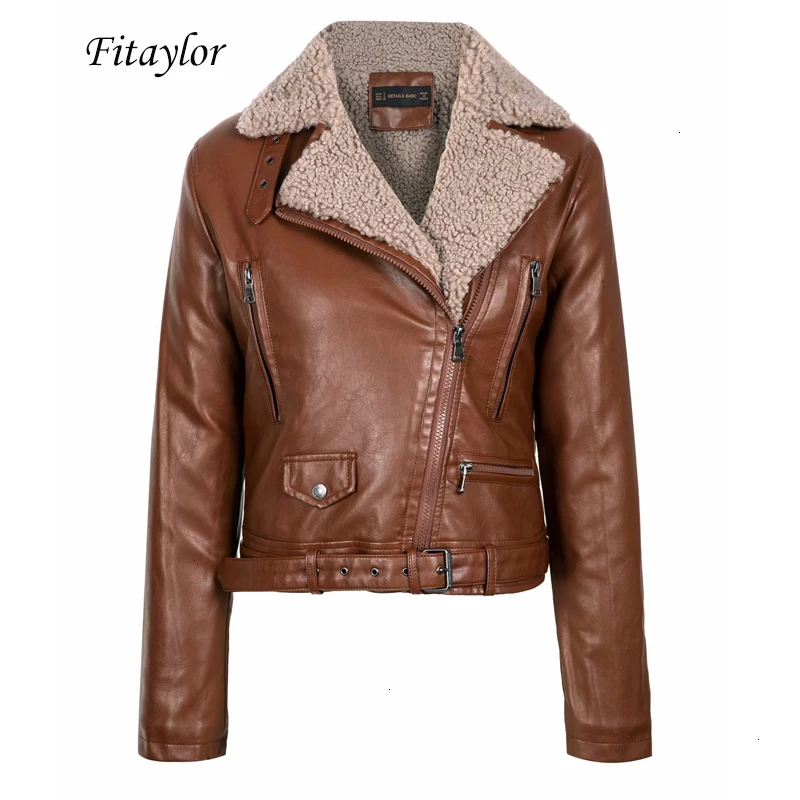 Fitaylor Women Faux Lam Wol Bont Leather Jas Winter Warm Fat Black Punk Rits Pu Runner with belt |