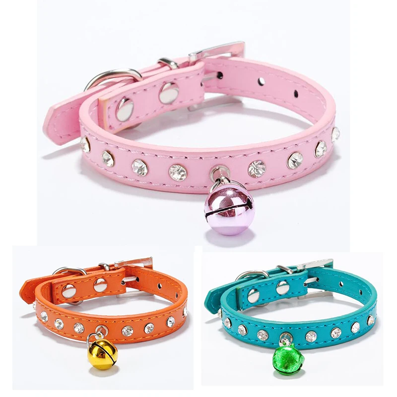 Pu Leather Pet Collar Diamonds Shining Crystal Rhinestone Adjustable Dog Collar For Small Dog With Bell Cat Necktie Pet Supplies