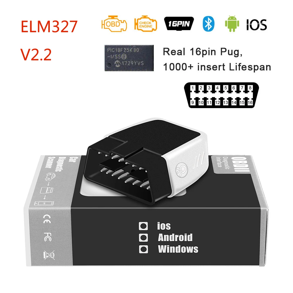 

ELM327 V2.2 PIC18F25K80 Bluetooth 4.0 For IOS/Android/PC Support J1850 protocol OBD2 OBDII Code Reader Better than ELM327 V1.5