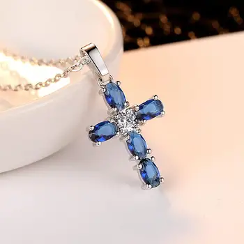 

Fashion blue crystal zircon diamonds gemstones cross pendant necklaces for women girl white gold silver color choker jewelry