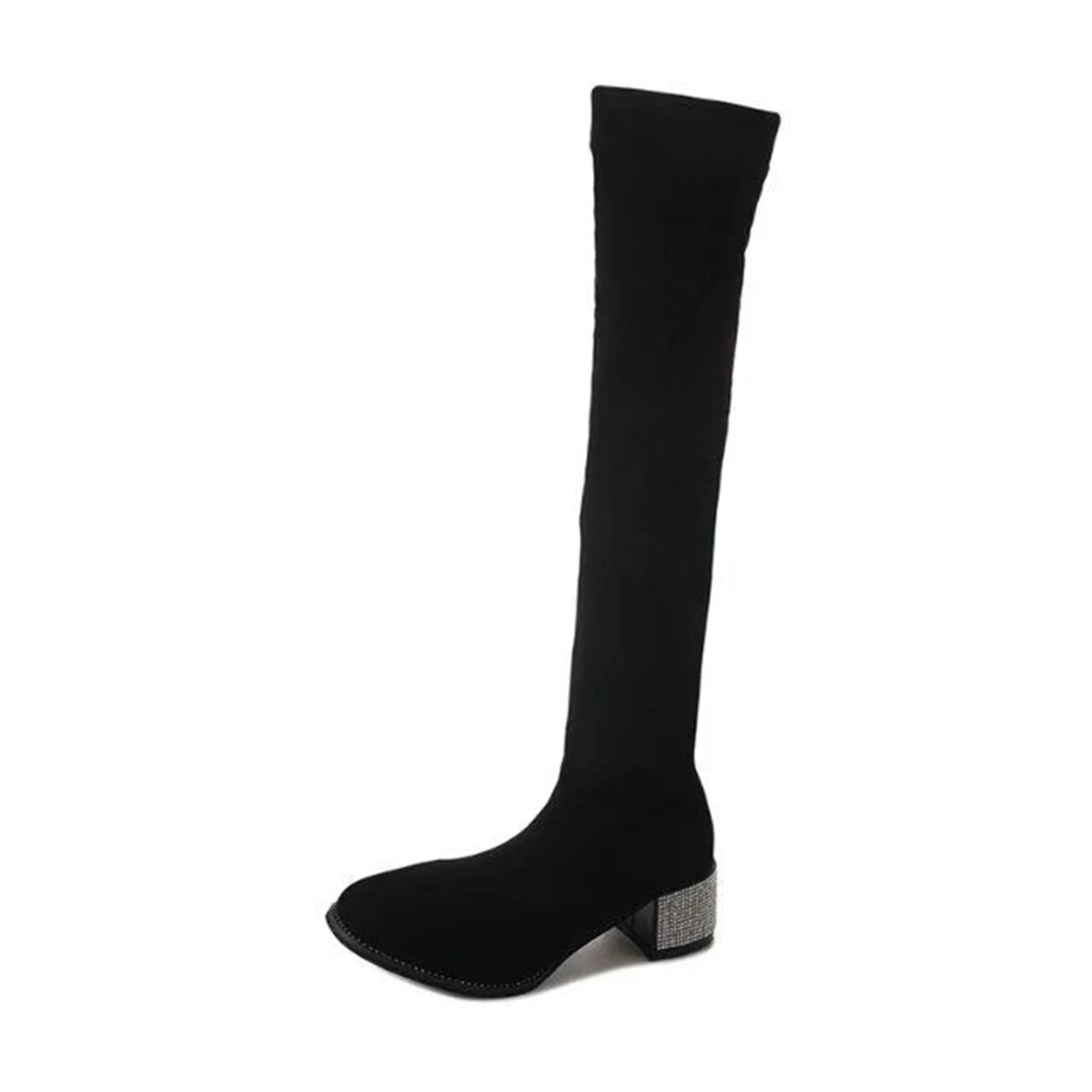Женская Осенняя тянущийся носок; ботинки; коллекция года; Сапоги выше колена на толстой подкладке со стразами; повседневные зимние сапоги на среднем каблуке - Цвет: black      PWDXZ5