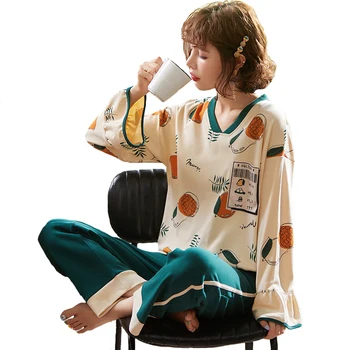 

New 2020 Autumn Winter Sleep Lounge Pajama Long Sleeve Top + Long Pant Woman Pajama Set Full Cotton Sleepwear Women M L XL XXL