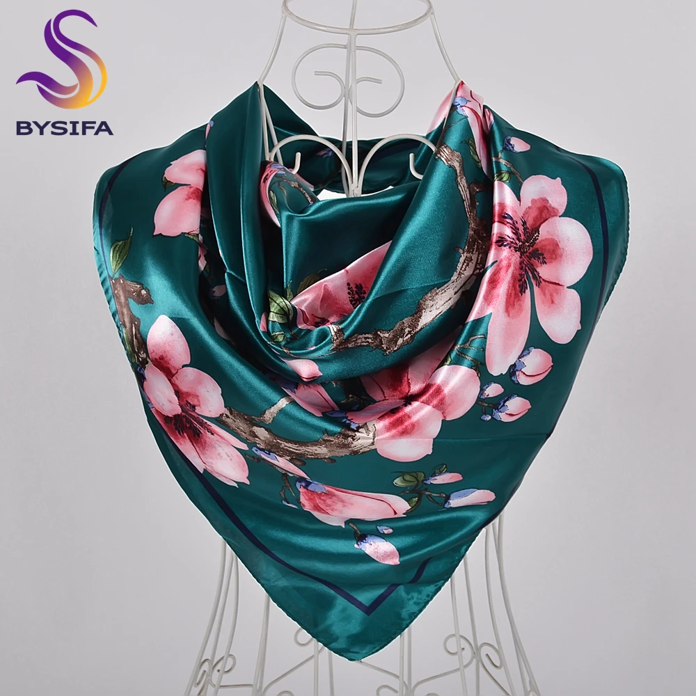 BYSIFA Dark Green Scarves Shawls Women Fashion Brand Square Satin Silk Scarf Cape Fall Muslim Ladies Neck Hijabs Wraps |