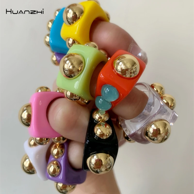HUANGZHI-Anillos cuadrados de resina acrílica transparente para mujer, cuentas doradas, para parejas, joyería de viaje a la moda, 2021