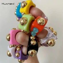 HUANGZHI 2021 New Golden Bead Transparent Resin Acrylic Square Rings For Women Friends Couple Jewelry Trendy Travel