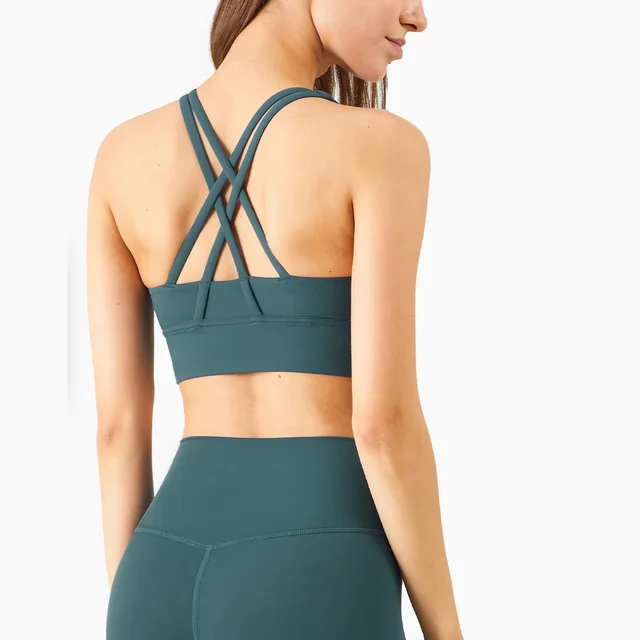 Lulu Hot Sell Gym Yoga Vest Athletic Fitness Women Sports Bra Solid Color Cross Sexy Tights Tank Top Butter Soft With Chest Pad Deep Jade
