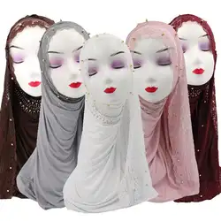 Мусульманские женщины хиджаб с кружевом шарф исламский бисер длинный шаль на голову Hijabs головной убор арабский Средневосточный палантин