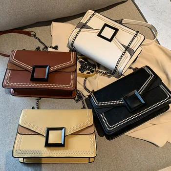 

Women Casual Solid PU Leather Crossbody Bag Women Fashion Rivet Chain Square Shoulder Messenger Bags Shopping Handbag New 2020