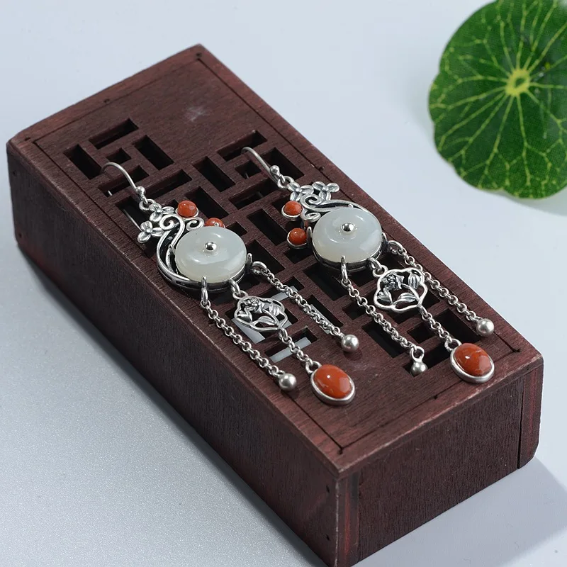 FNJ Hetian Jade серьги из 925 серебра,, Чистое Серебро S925 пробы, серьги-капли для женщин, ювелирное изделие, кисточка, красный агатовый цветок