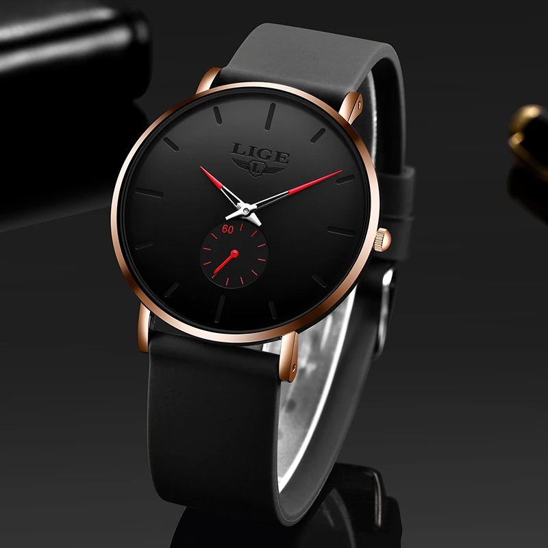 LIGE Top Brand Luxury Man Quartz Watch Ultra Thin Silicone Strap Watches for Men Waterproof Clock Casual Sport Relogio Masculino