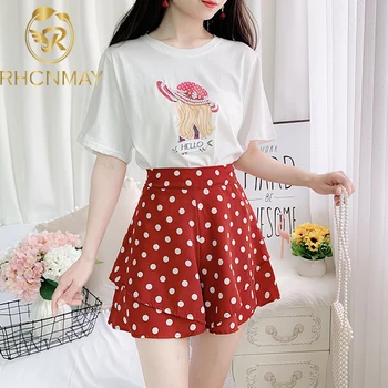 

New 2020 Sweet Summer Women Casual Beading print Girl Short Sleeve Tops + Dot Short Fashion Wide leg 2 Piece Set