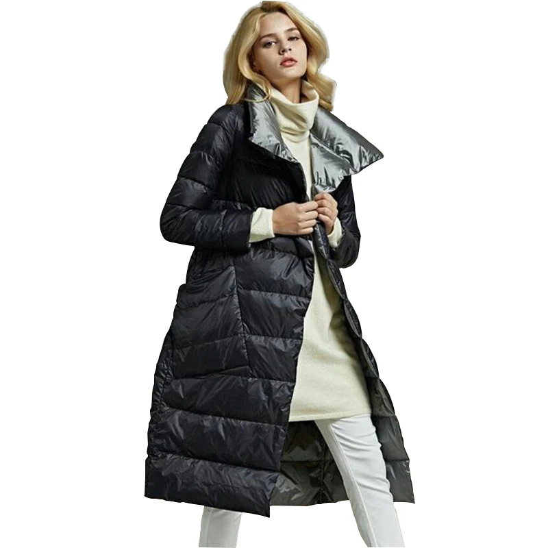 Women Double Sided Down Long Jacket Winter Turtleneck White Duck Down Coat Double Breasted Warm Parkas Snow Outwear