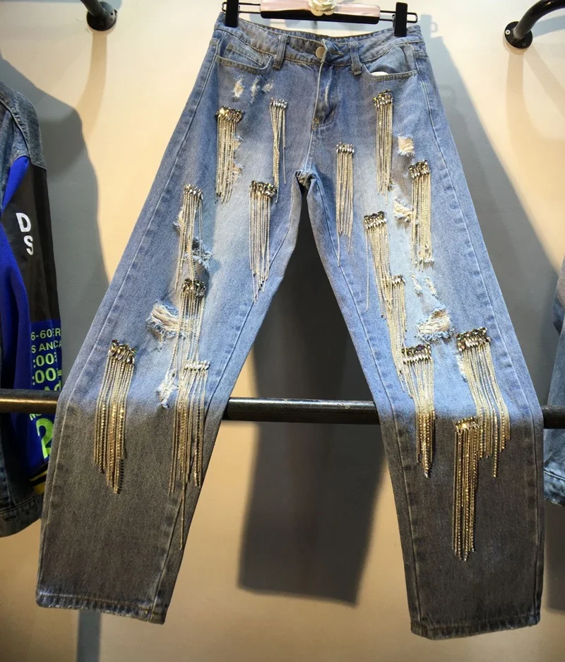 

2019 autumn fahsion new jeans women tassel chain diamond high waist ankle length straight jeans