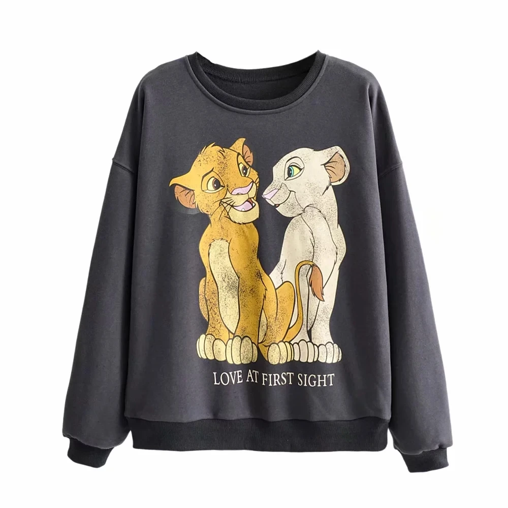 bluish grey Женская одежда Король Лев теплая меховая подкладка мультфильм печать верхнее пальто Осень Зима Джемпер пуловер уличная Толстовка - Цвет: bluish grey