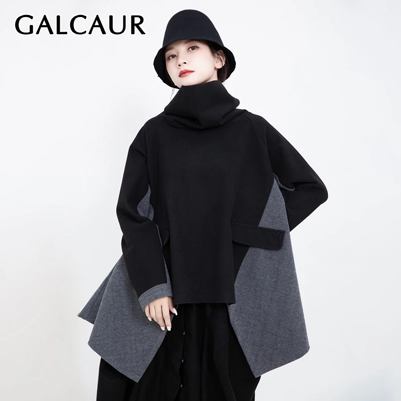 GALCAUR, Лоскутная, хит, цвет, плащ, толстовка, для женщин, водолазка, длинный рукав, негабаритный, неровный, женский свитер,, осень, Новинка