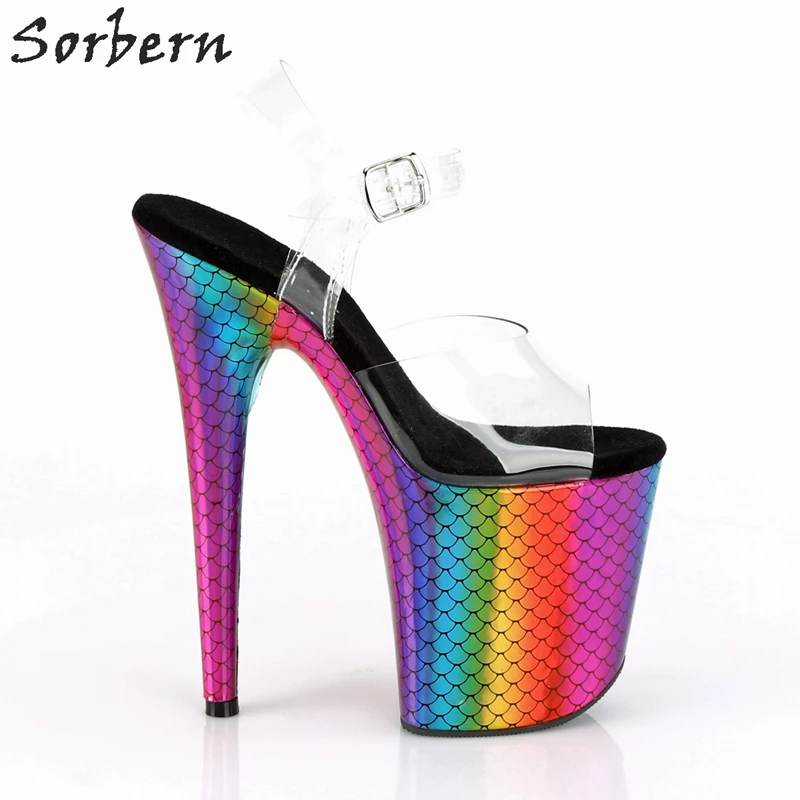 Sorbern/радужные босоножки в форме рыбьей чешуи; женские босоножки из прозрачного ПВХ; женская обувь для стриптиза; летняя обувь для танцев на шесте