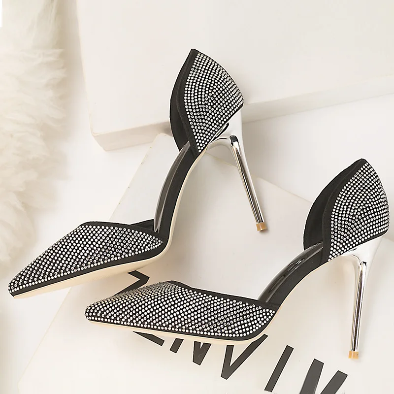 

Fashion Leisure Basic Pumps for Women Slip-On Super High Thin Heels Ladies Pumps Flock Pointed Toe Crystal Single Shoes
