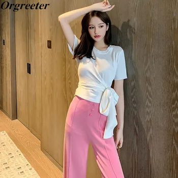 

Irregular Cross lace-up Bow Knitted Crop Tops and Button Deco Wide leg pants Knitted Two piece Set Female Casual Tracksuit Women