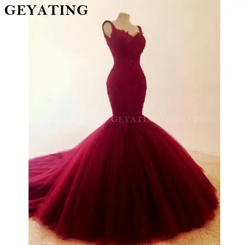 Vestido De Boda De Sirena De Tul Rojo Vino 2020 Apliques De Encaje Con Cuentas Corte Tren Vestidos De Novia Sexy Cuello En V Espalda Descubierta Vestidos De Boda Aliexpress