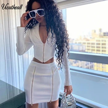 

Women PU Two Piece Set Elegant Long Sleeve Deep V Neck Office Lady Suit Set Slim Blazers + Zipper Up Split Skirts Suit