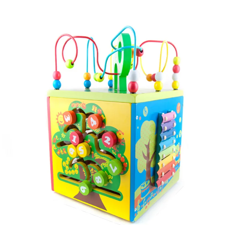 

Acooltoy Wooden Children'S Educational Multi-functional Treasure Chest Bead-stringing Toy 6 Kinds of Play Polyhedron Building Bl