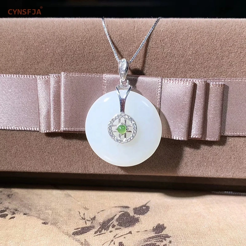 

CYNSFJA New Real Certified Natural Hetian Jade 925 Sterling Silver Handmade Amulets Peace Buckle Pendant High Quality Best Gifts