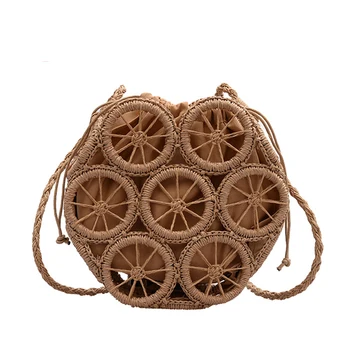 

ZZSLHL Handmade Summer Beach Women Straw Shoulder Bag Ladies Round Hollow Travel Daily Woven Handbag Holiday Knit Cotton Linen