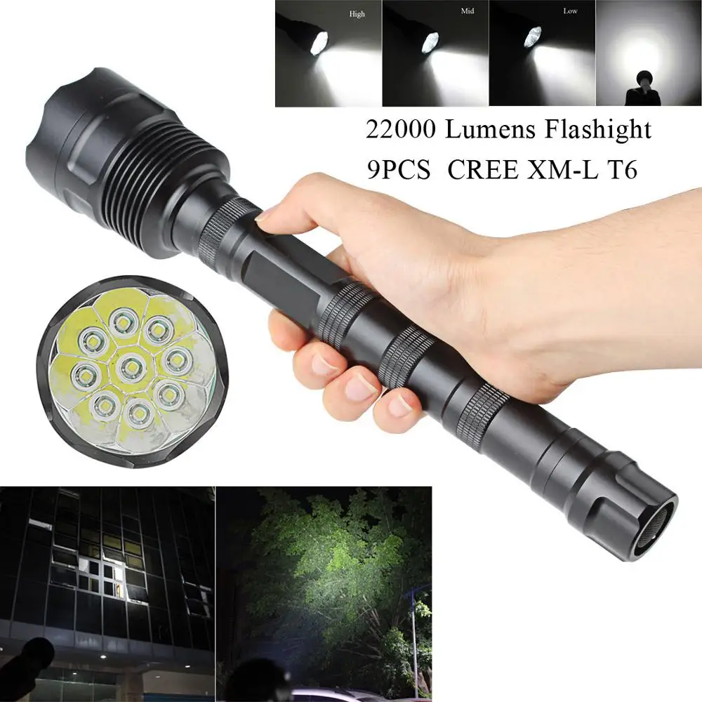 

LED Flashlight Torch 22000 Lumen 9x XML T6 5 Mode Super Flashlight Torch Lamp Light By18650 Battery for Outdoor Camping Hiking