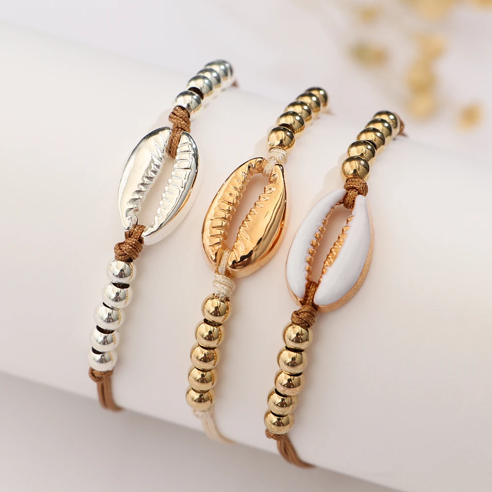 1 шт. модные бусинки-ракушки, Браслеты Boho, винтажные Cowrie, золотой цвет, Seashell, ручной работы, регулируемый браслет, пляжные украшения для женщин