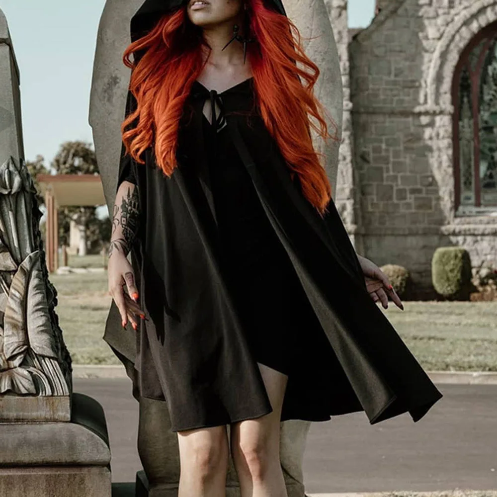 

Gothic Capes Winter 2019 Harajuku Punk Ponchos Plus Size Hooded Strap Witch Cloak Outwear Pleated Black Vintage Cape Dark Wave