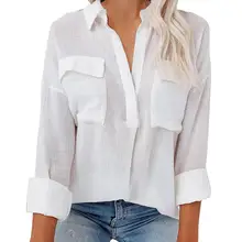 2021 nowa jesienna damska koszula skręcić w dół kołnierz Slim Flap kieszenie tunika na długi rękaw koszula damska Streetwear tanie tanio SANWOOD CN (pochodzenie) COTTON REGULAR