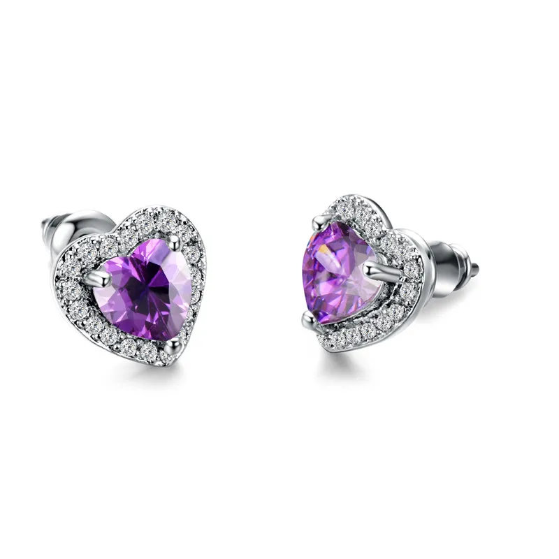 Purple Очаровательные женские радужные серьги-гвоздики в форме сердца, модные 925 Серебряные маленькие серьги с цирконием для женщин, винтажные Свадебные ювелирные изделия - Окраска металла: Purple