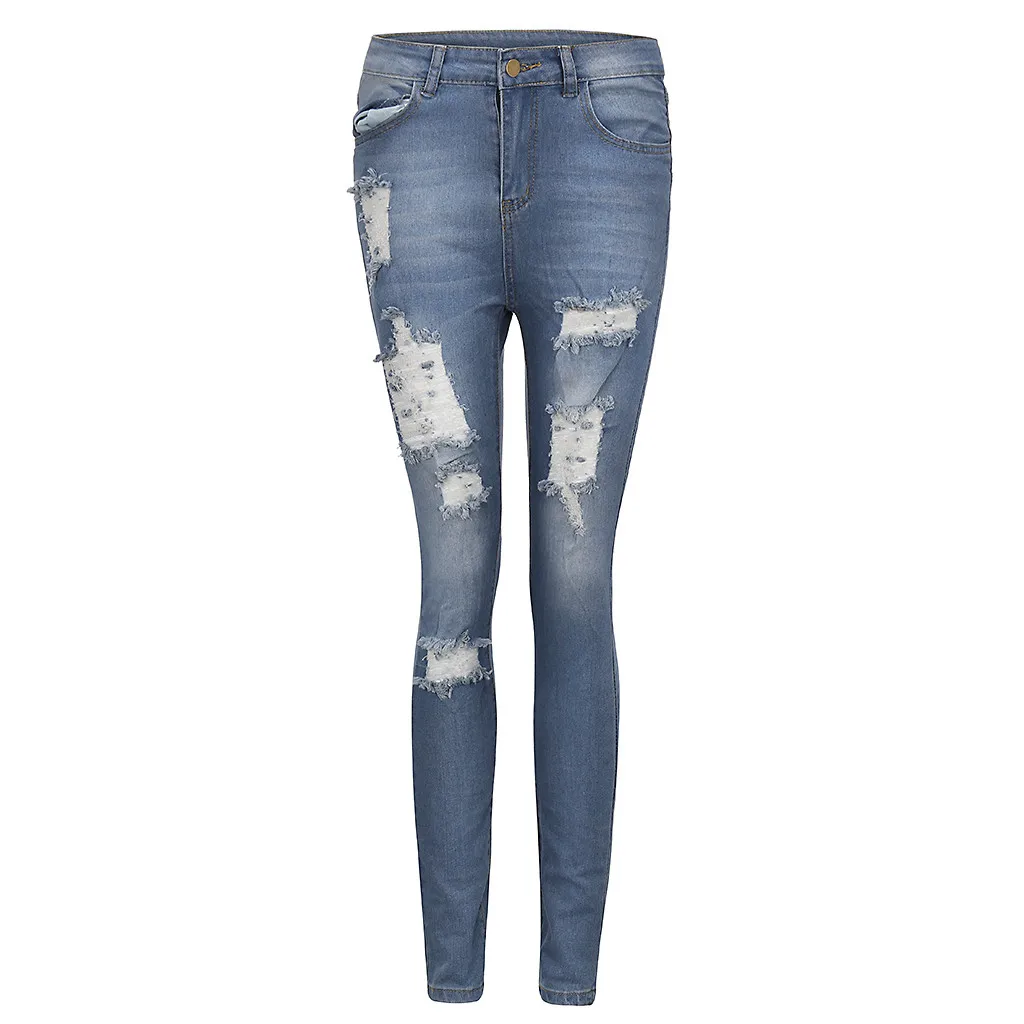 Модные женские туфли стрейч со средней талией джинсы новые Однотонная Одежда узкие тонкие рваные, потертые джинсы штаны с дырками джинсы#3