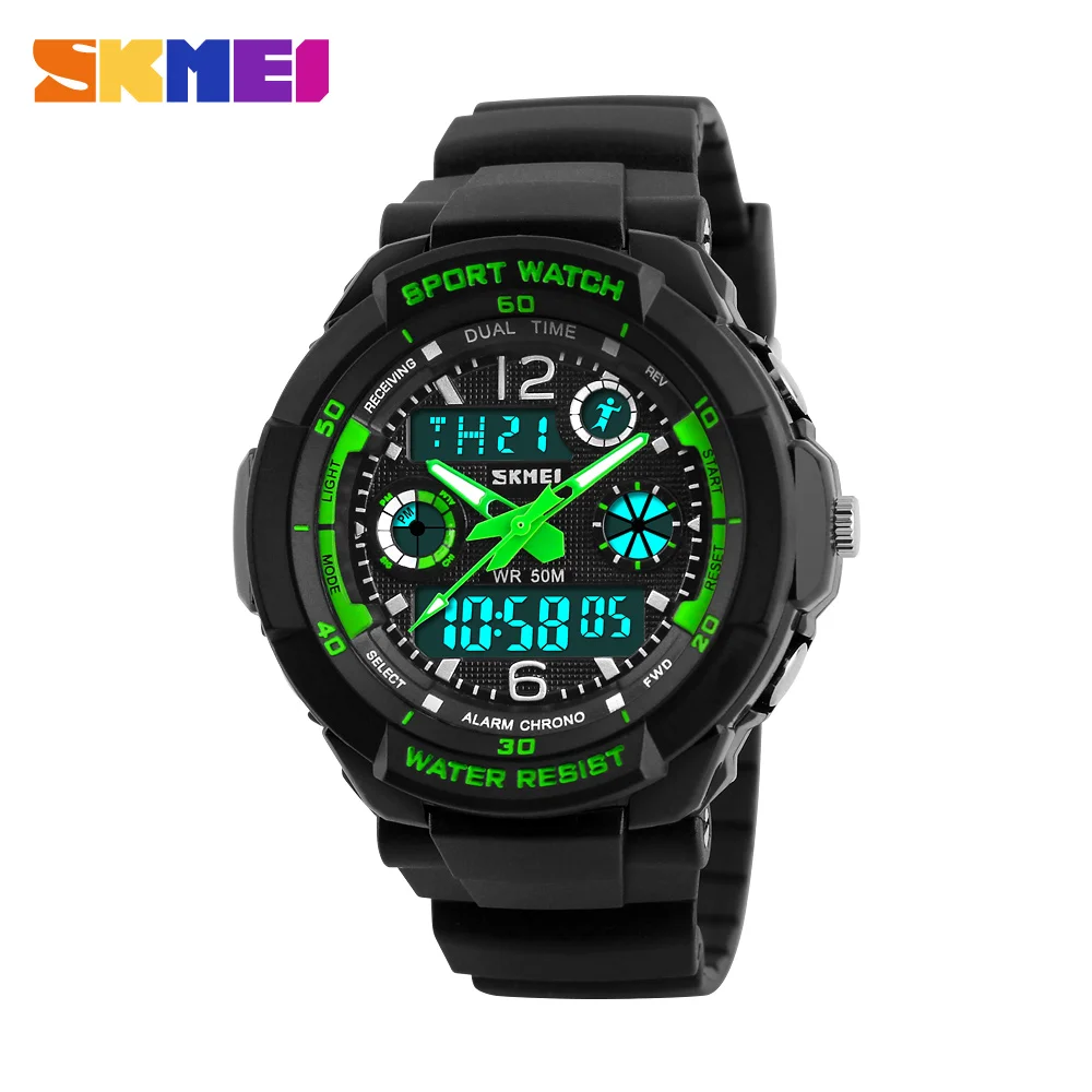 Green S Kids SKMEI, детские часы для плавания, анти-шок, 5 бар, водонепроницаемые, для спорта на открытом воздухе, детские часы, модные цифровые часы, Relogio, для 8-18 лет - Color: Green S Kids