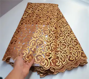 

Golden organza lace fabric high quality shiny sequins floral embroidery tulle lace fabric African french lace for party PSA977-1