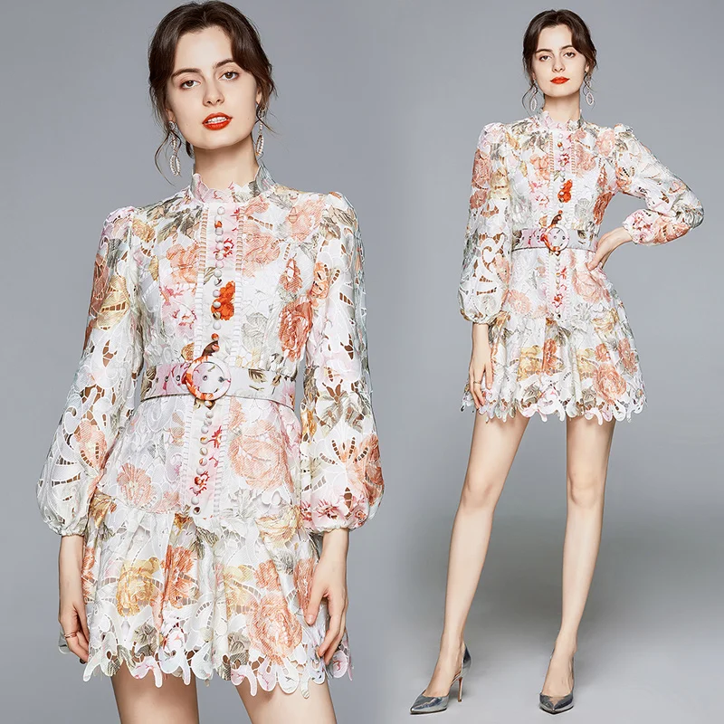 

Merchall Runway Flowers Embroidery Hollow Out Lace Mini Dress Women's Lantern Sleeve Stand Collar Slashes Elegant Short Dress