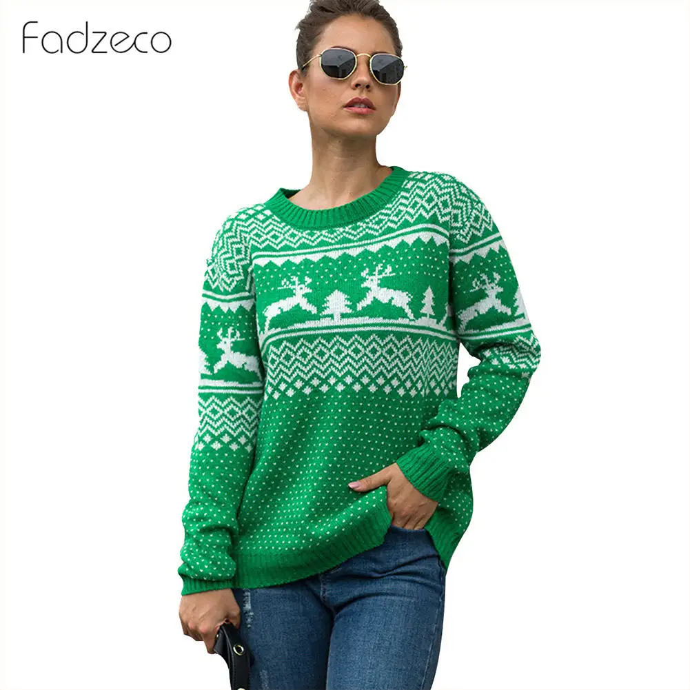 Зеленый Fadzeco Уродливый Рождественский свитер, Женский вязаный свитер, зима-осень, теплый пуловер с принтом оленя, топы, повседневный свободный джемпер - Цвет: Зеленый