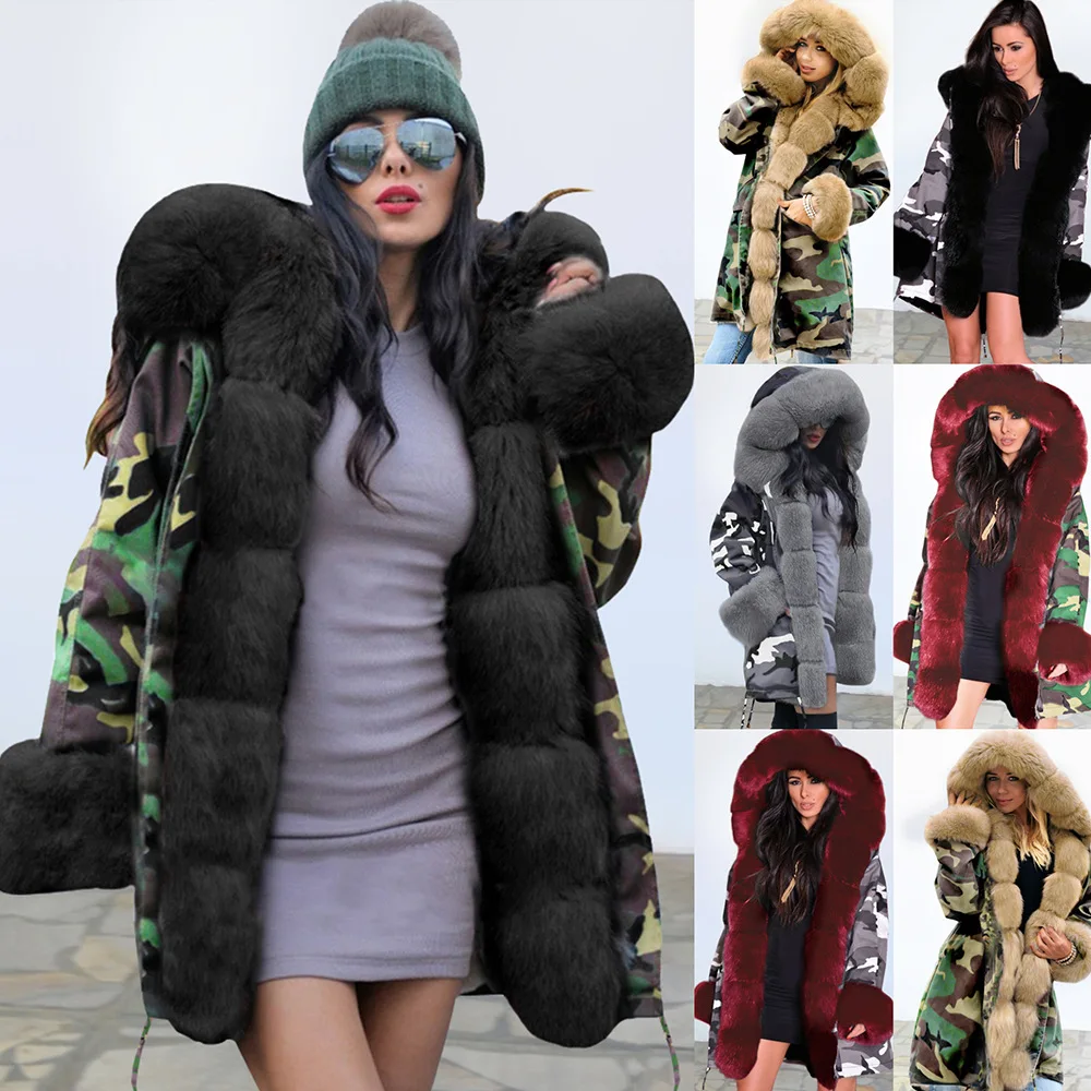 

Amazon Hot Selling Fur Collar Warm WOMEN'S Coat Europe And America Long Hooded Overcoat Camouflage Plush Cotton-padded Clothes 1