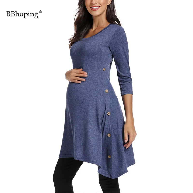 

Women's Casual 3/4 Sleeve O Neck Maternity Dress Button Side Tunic Irregular Hem Pregnancy Dress For Baby Shower Daily Wearing