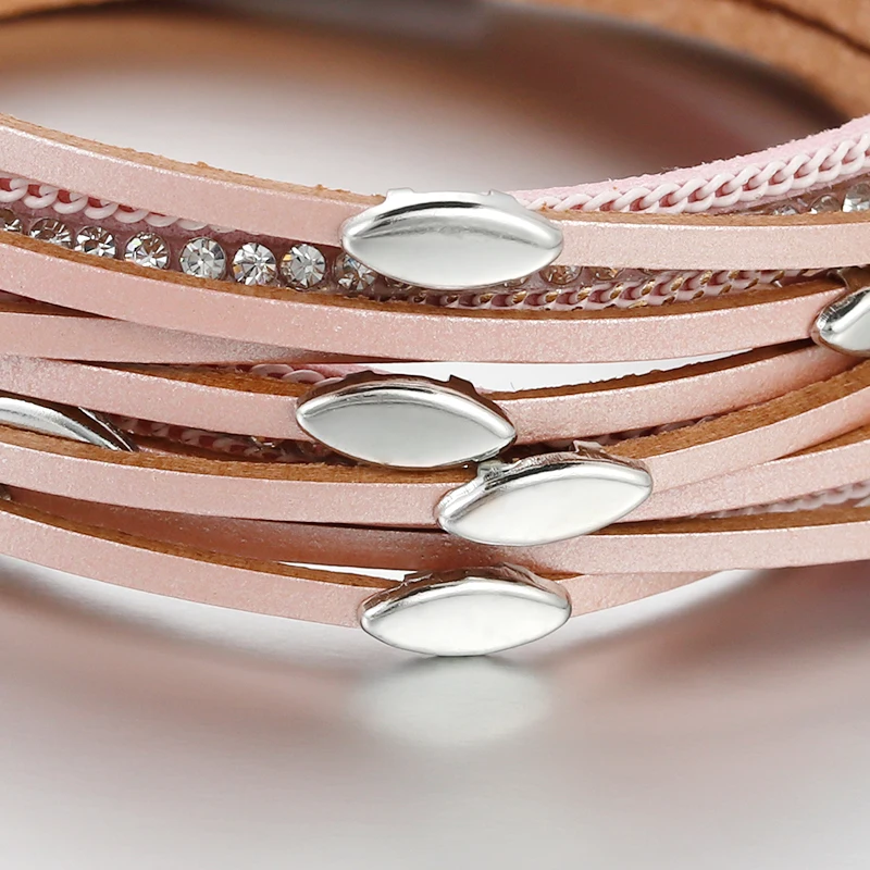 Leather Bracelet Charm Bracelet ALLYES Leaf Charm Pink Leather Bracelets for Women Men Fashion Crystal Chain