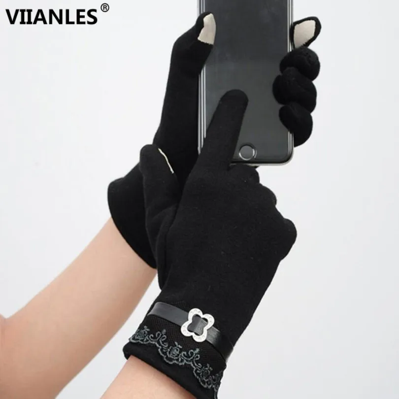 VIIANLES сенсорные рукавицы модные кружевные женские перчатки Guantes зимние женские перчатки для девочек черные серые шерстяные перчатки