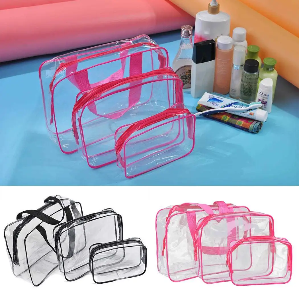 3pcs Transparent PVC Cosmetic Bag Portable Travel Makeup Organizer Women Zip Storage Pack Waterproof Toiletry Wash Bags
