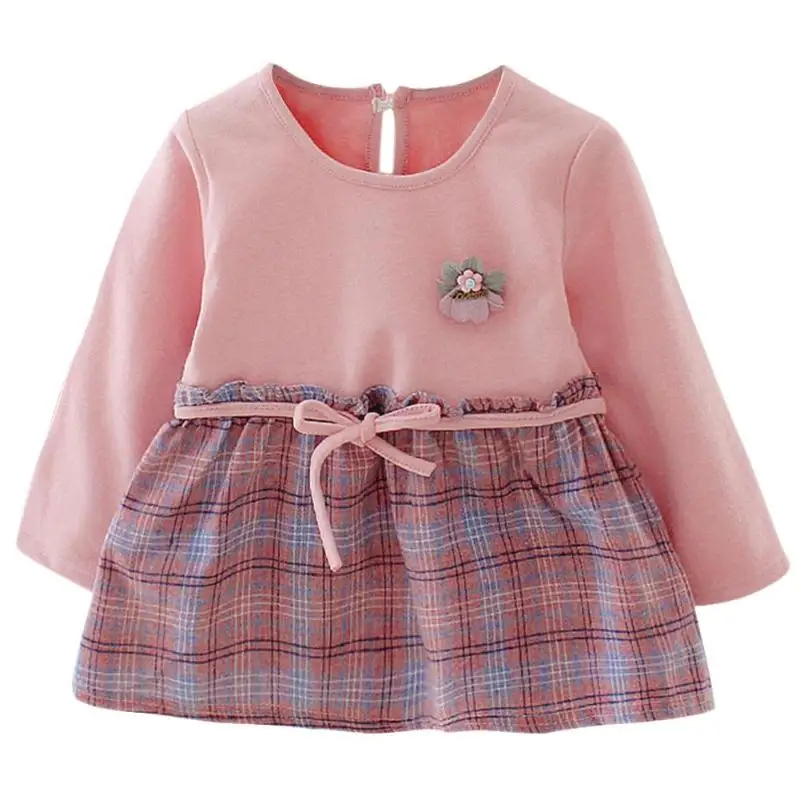 Весенне-осеннее клетчатое платье с длинными рукавами и цветочным принтом для маленьких девочек - Цвет: Розовый