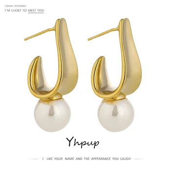 

Yhpup Vintage Bend Geometric Stud Earrings Imitation Pearls High Quality Copper 16 K Golden Earrings Brincos for Female Office