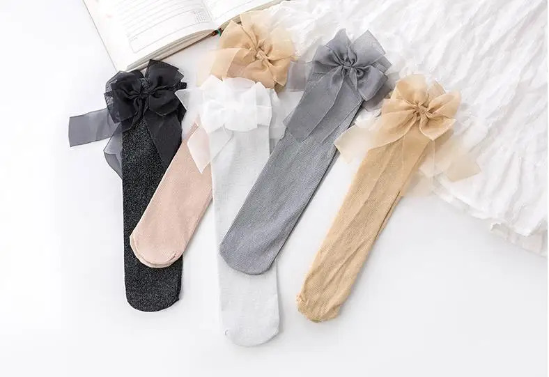 girls kittens Stockings lace knowknot girl thigh Knee socking half Heap socks Bright silk 3-10Years 5colors TZ05