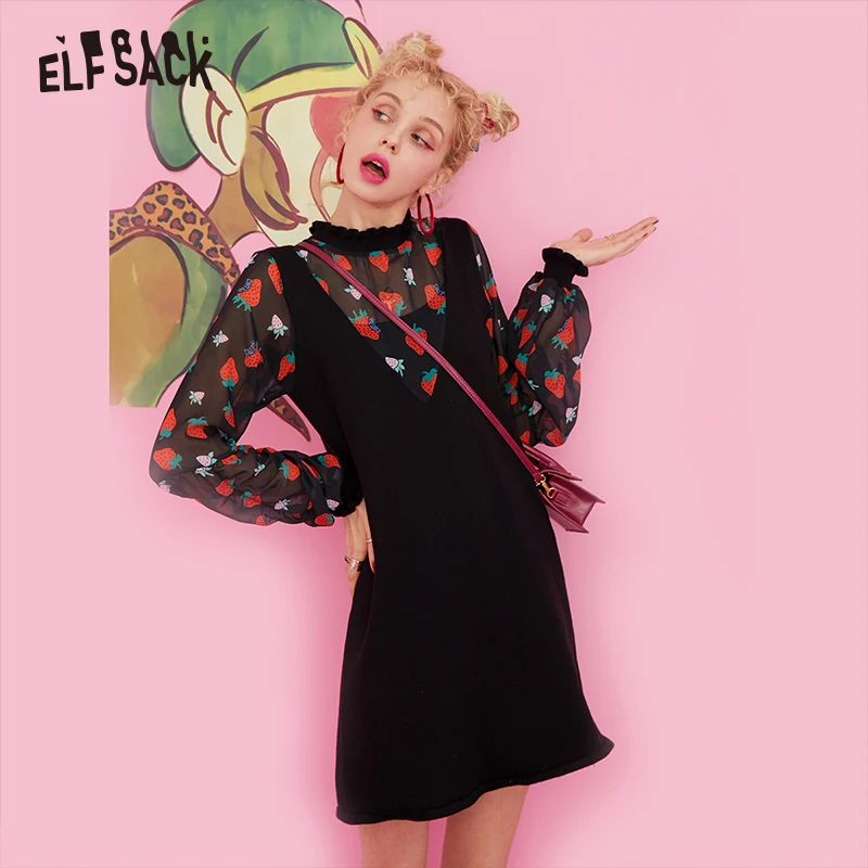 

ELFSACK Black Strawberry Print Korean Chiffon Dress Women 2020 Winter Sweet Frill Sleeve Ladies Basic Fake Two Pieces Dresses